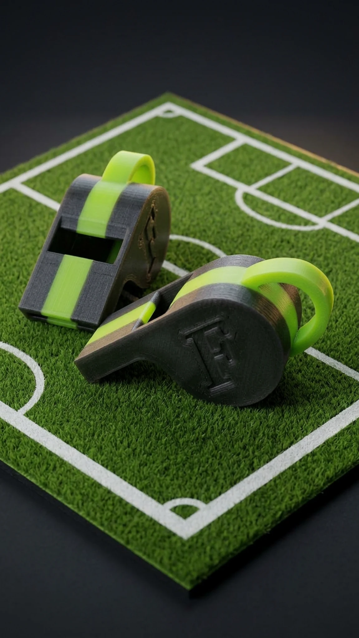 Schwarz-limettenfarbene Footballec Pfeifen auf dem Spielfeld