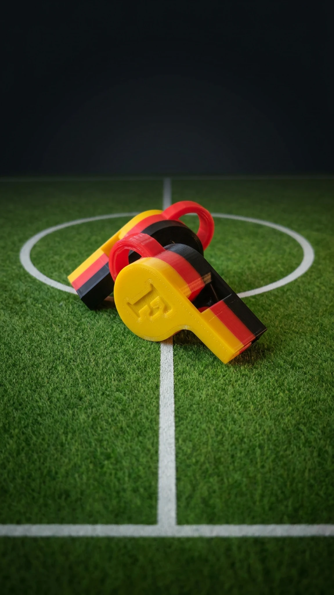 Schwarz-rot-goldene Footballec Pfeifen auf dem Spielfeld