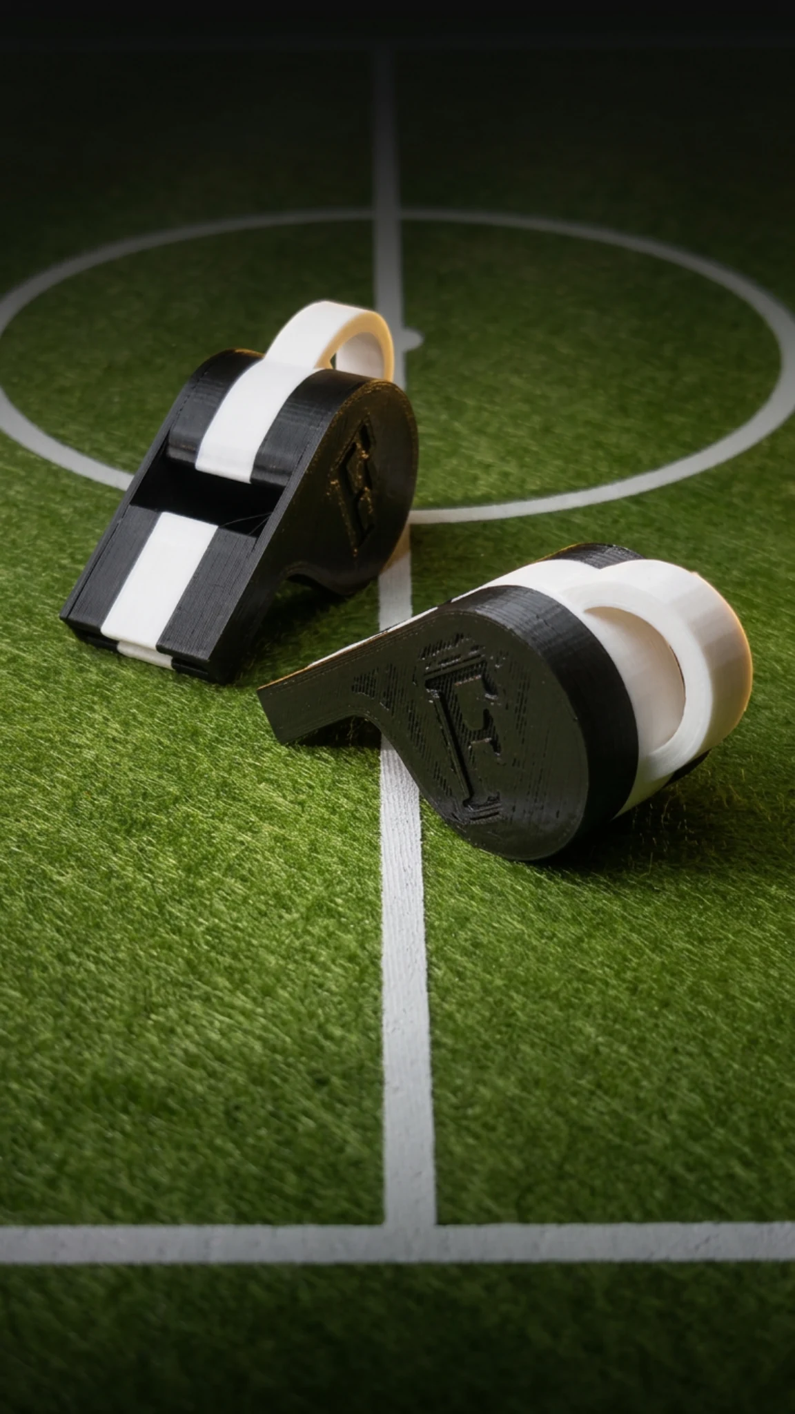 Footballec Pfeifen in Deutschland-Farben auf dem Spielfeld